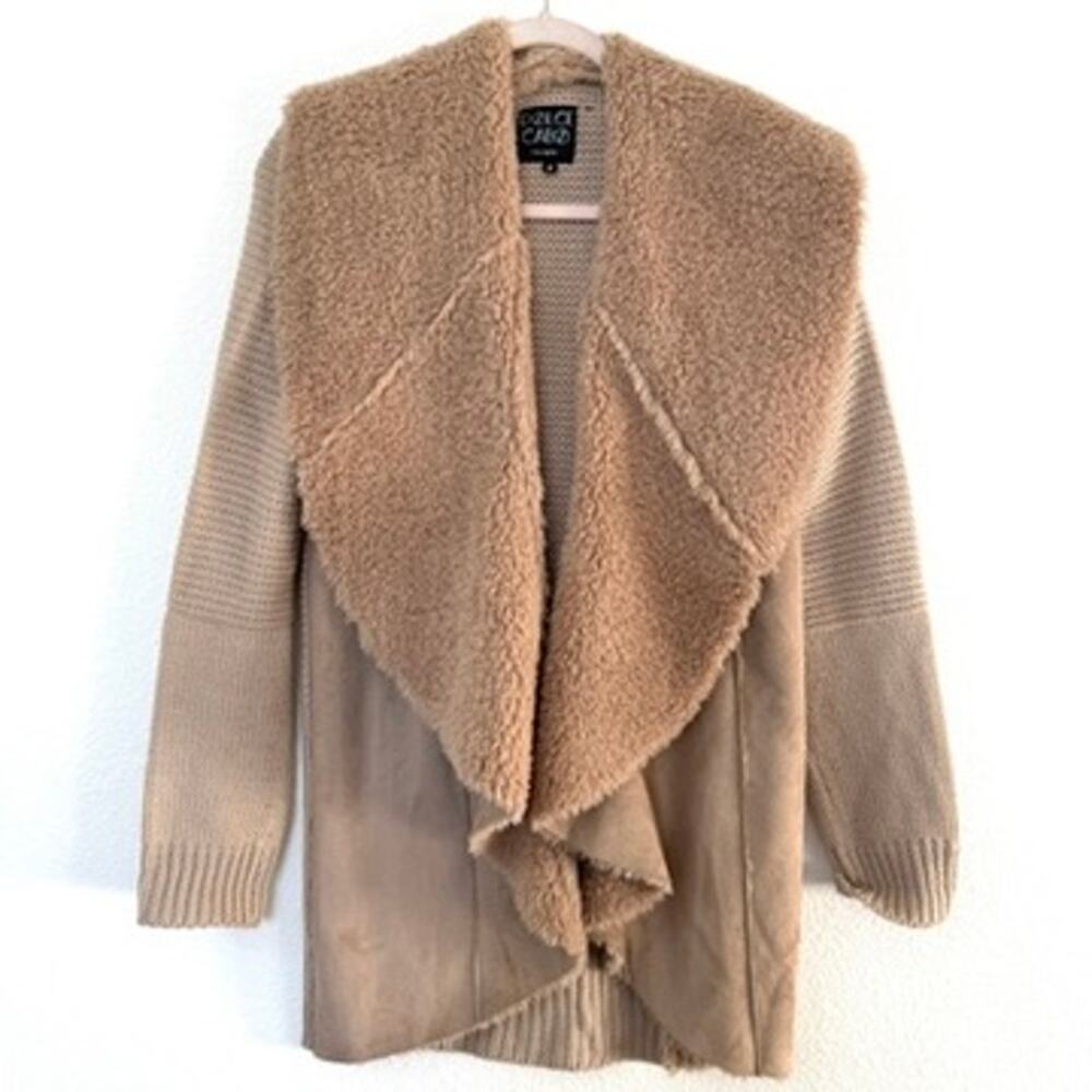 Dolce Cabo Faux Fur Waterfall Cardigan Beige Tan Sweater‎ Jacket Women Size M